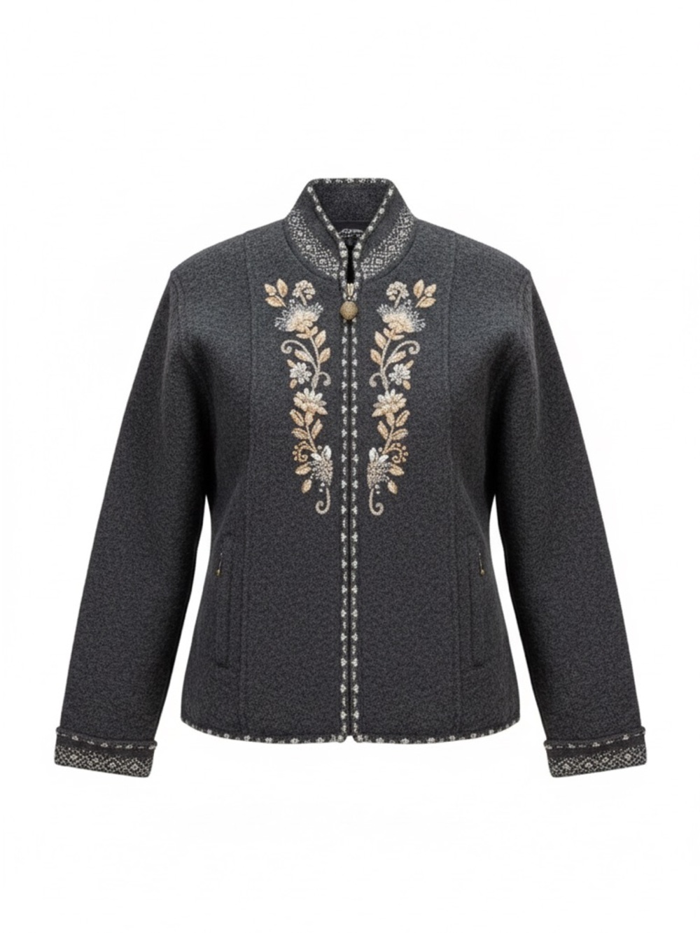 Icelandic Design Wool Lined Jacket Zip Front Neutral Floral Embroidery Size L